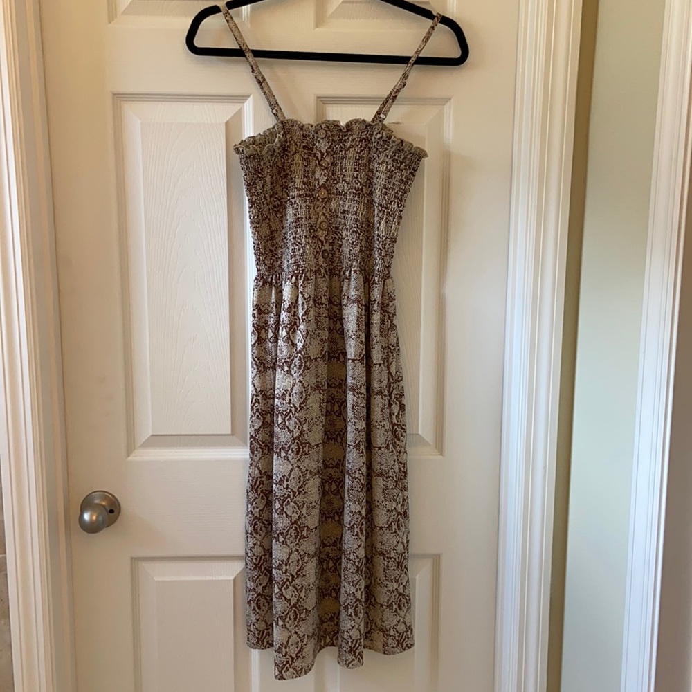 Brown snakeskin midi dress with wooden buttons